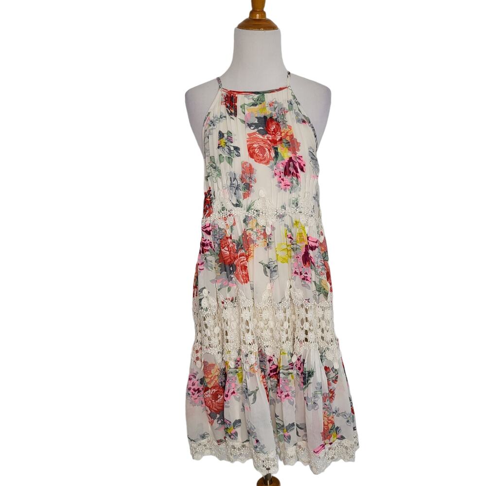 Anthropologie Romantic Floral Dress Ivory Crochet Summer Halter Women Small